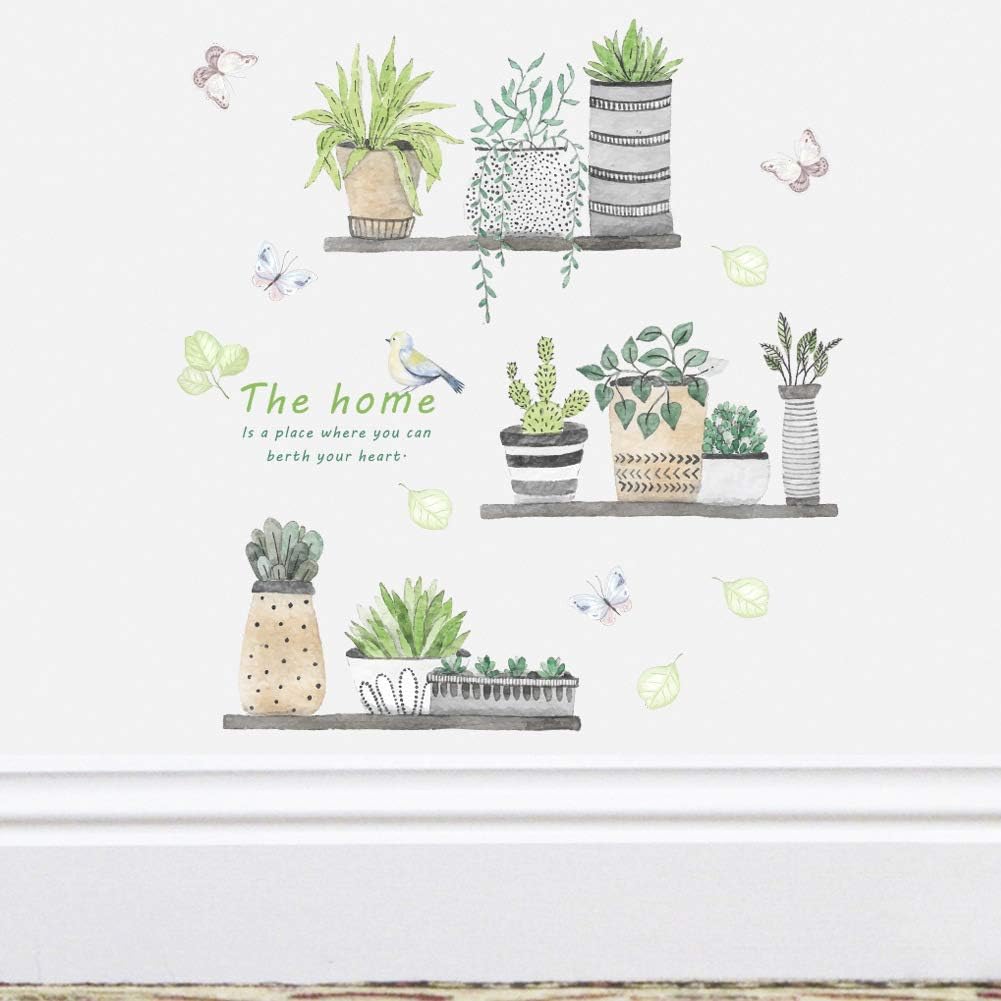2 Set Plant Wall Decals Kitchen Wall Stickers Wall Decor Murals for Bathroom Bedroom Living Room Wall Art Decal Boho Hanging Shelves Tree Wall Decal Room Decor 3D Wall Art Decoration Peel and Stick