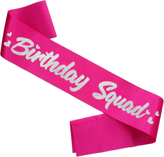 6 Pieces Birthday Squad Sash Set Hot Pink with Silver Glitter Lettering Birthday Sash for Women Funny Party Favors Decorations for Sweet 16 18th 21st 25th 30th 40th 50th or Other Bday