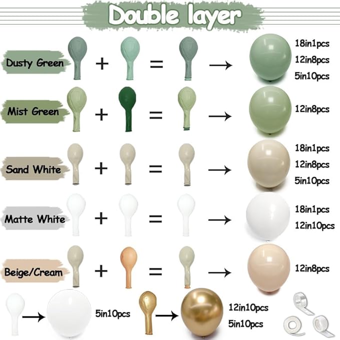Dusty Green White Gold Balloon Garland Double Stuffed Light Sage Green White Sand Beige Balloon Arch Kit Olive Cream Metallic Balloons for Baby Bridal Shower Birthday Wedding Wild One Party Decor