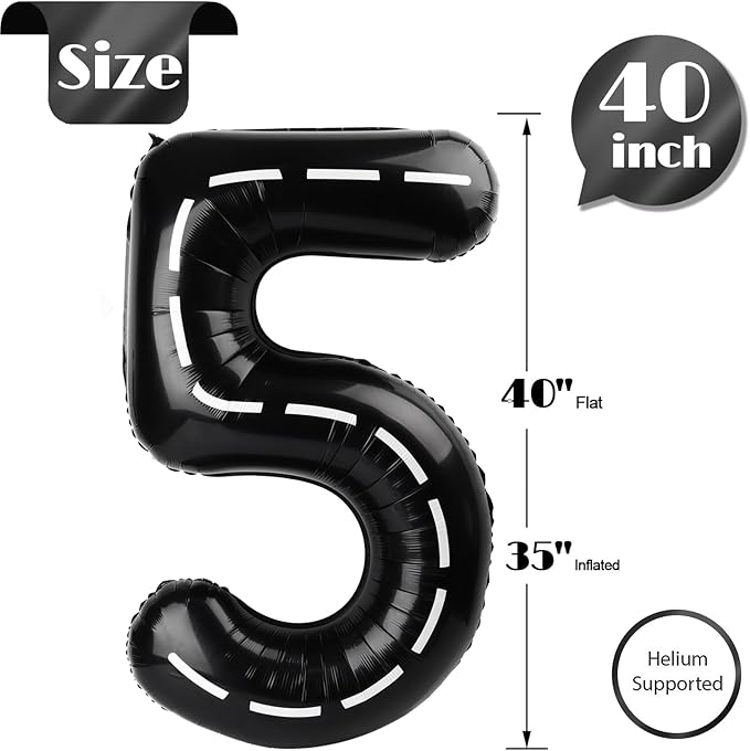 Race Car 5 Balloon, Number Balloons 40 Inch, 5th Black Birthday Balloon Decorations, Race Car Birthday Party Supplies, 5 Number Balloons, Number 5 Balloon