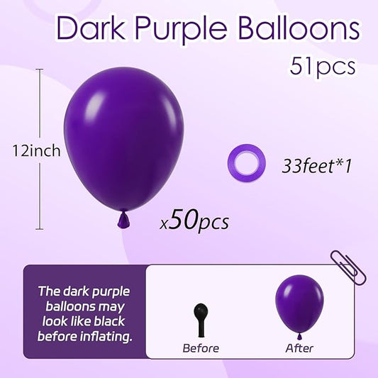 Dark Purple Balloons 12 inch, Purple Latex Balloons 50pcs Party Balloons for Wedding Baby Shower Graduation Anniversary Halloween Birthday Party Decorations