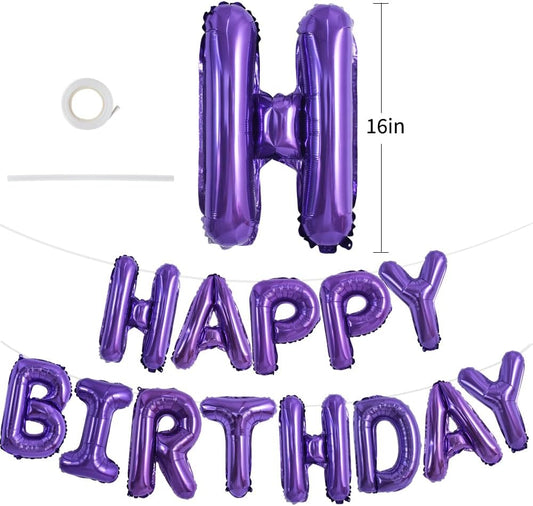TONIFUL Purple Happy Birthday Balloons Banner 16 Inch Mylar Foil Letters Birthday Sign Banner Bunting Reusable for Girls Boys Kids & Adults Birthday Decorations and Halloween Party Supplies