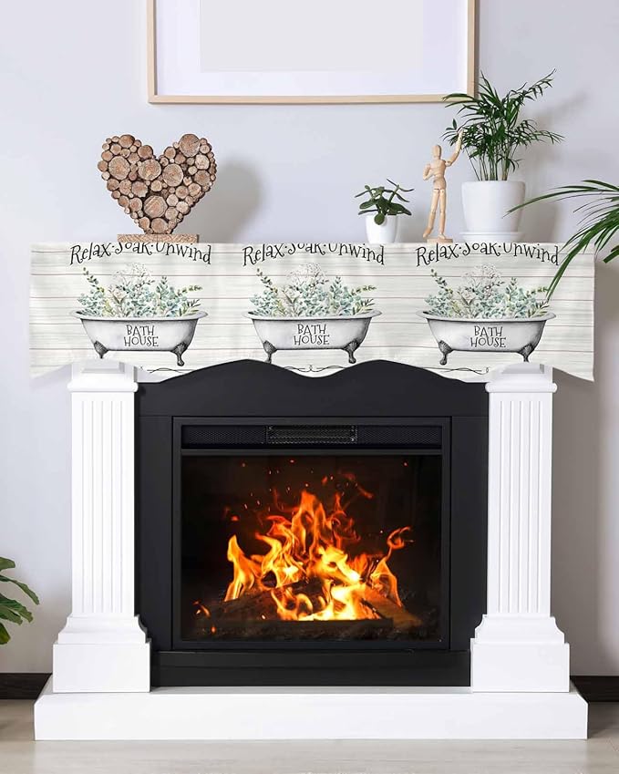 Bathtub Eucalyptus Leaves Fireplace Mantel Scarf Table Runner, Farmhouse Botanical Wooden Winter Garland Mantel Top Tablerunners Dresser Scarves Decorations for Windows Party Living Room 60''x17''