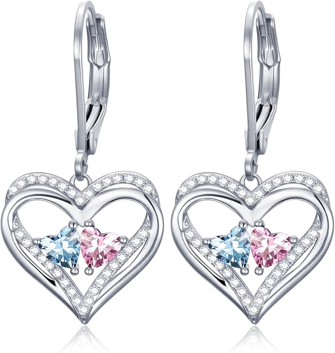Valentines Day Gifts for Women, Heart Leverback Earrings Double Birthstone Dangle Earrings for Women, Love Jewelry for Her, Anniversary Birthday Gift for Mom Wife Girlfriend