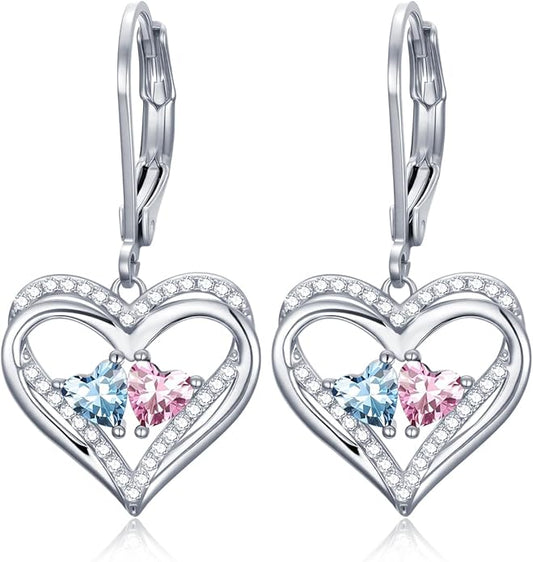Valentines Day Gifts for Women, Heart Leverback Earrings Double Birthstone Dangle Earrings for Women, Love Jewelry for Her, Anniversary Birthday Gift for Mom Wife Girlfriend