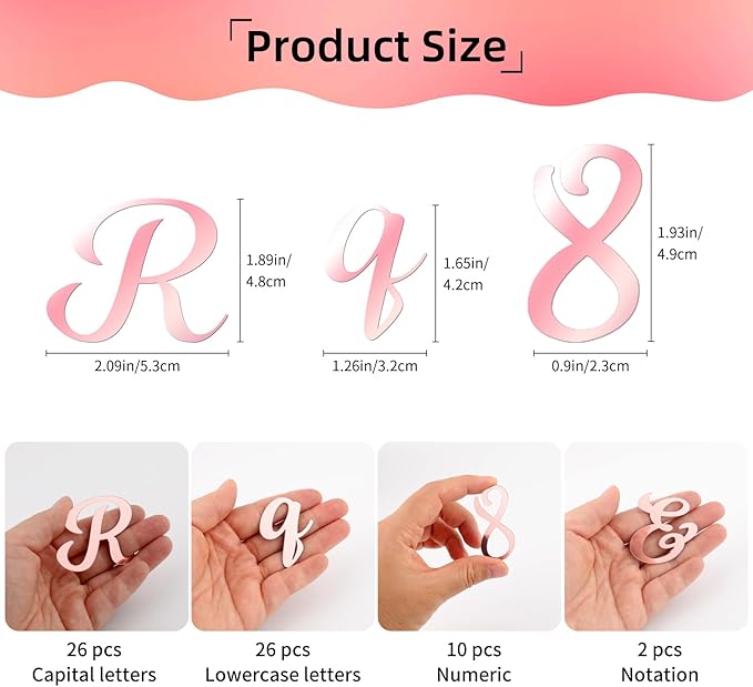 64 Pcs Pink Acrylic Cake Toppers Letters and Numbers, Mirror A-Z Alphabet & 0-9 Numbers for Personalized Cake Decorations, Birthday Wedding Baby Shower Party Picks