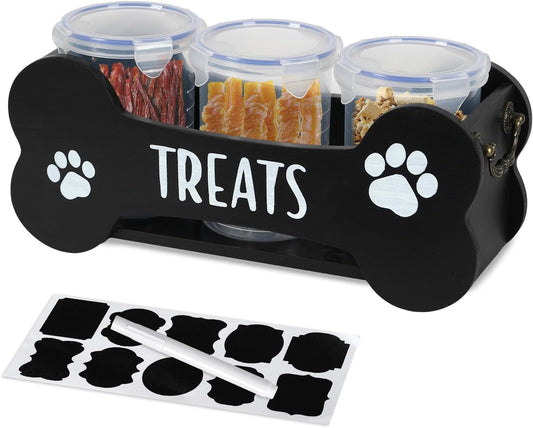 WGFKVAS Dog Treat Storage Containers, 3 Jar Countertop Organizer with Airtight Lids, Black Wooden Pet Food Dispenser for Dogs & Puppies, Perfect Food Storage Solution and Gift for Dog Owners