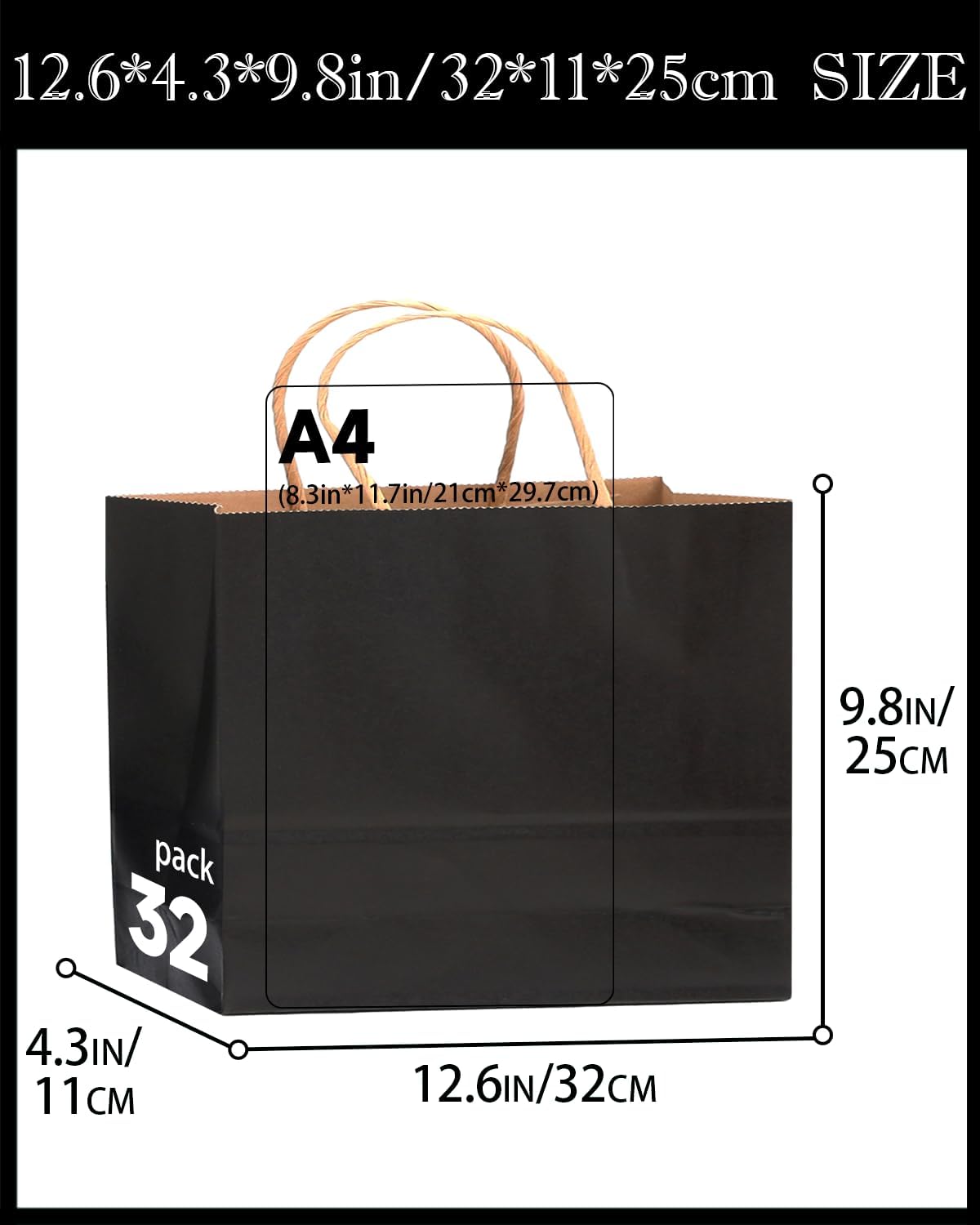 qiqee 30-Packs Black Gift Bags with Handles Bulk 13"x4.5"x10" Wide Large Size Kraft Party Paper Bags