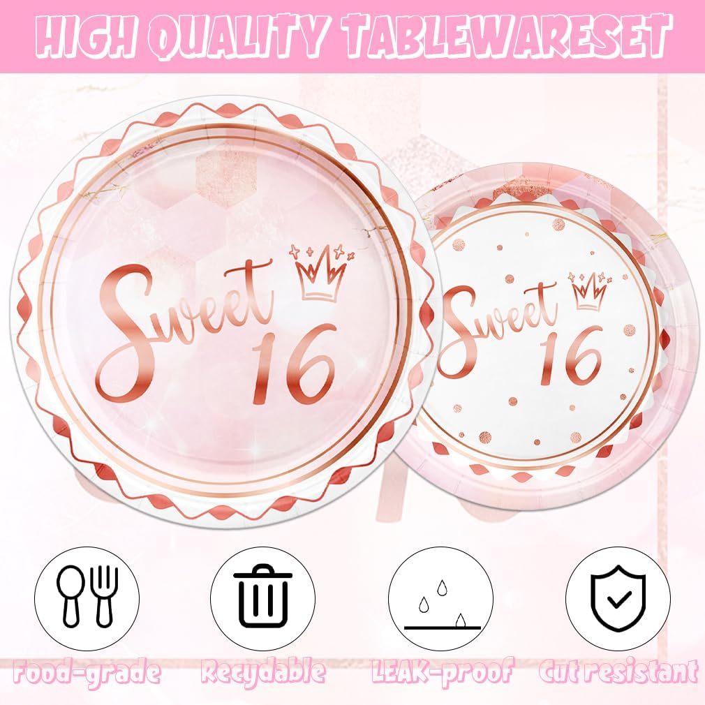 141pcs Sweet 16 Party Decorations,Sweet 16 Party Disposable Tableware set Includes Dinner Plate Dessert Plate Paper Napkin Cup Knife Fork Straws Tablecloth Pink Rose Gold 16 Supplies set