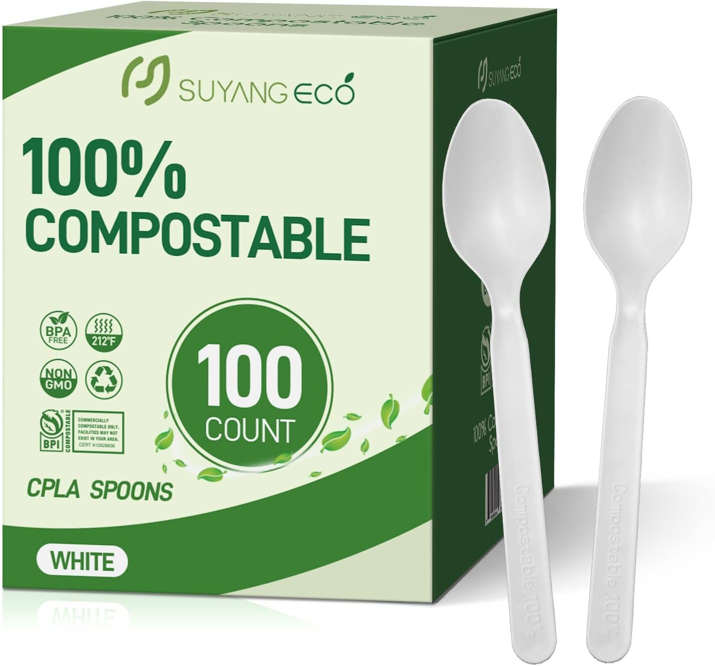 Compostable Spoons 100 Count Heavy Duty 100% No Plastic Spoons Bulk Cornstarch Biodegradable Spoon Eco Friendly Compostable Utensils for Party Campin