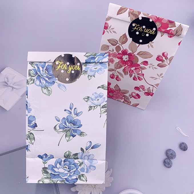 Suponey Floral Paper Bags Gift Bags Flower Party Favor Treat Bag Goody Bag with Stickers for Wedding Bridal Shower Anniversary Birthday Garden Party (16 Pcs)