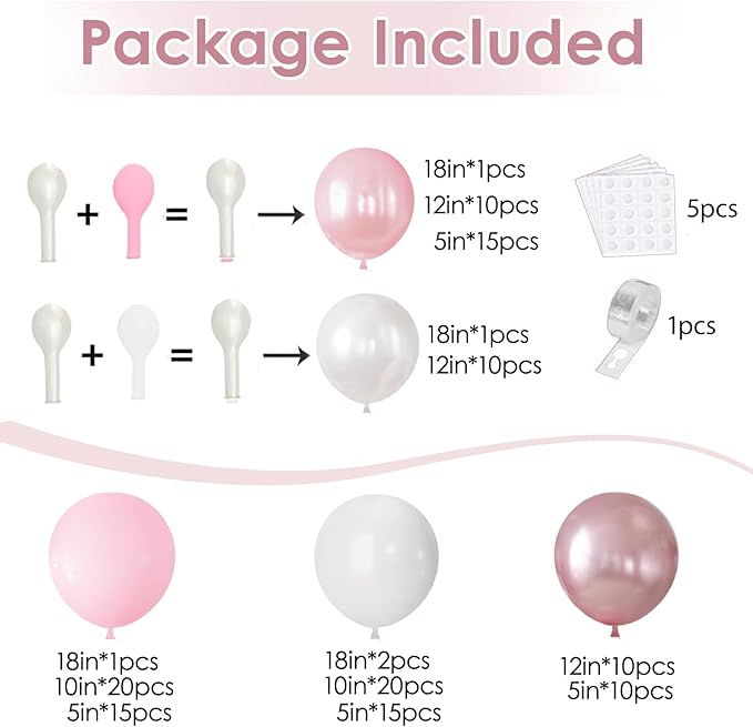 Pink and White Balloons Arch Kit, Double Stuffed Pastel Pink Balloon Garland Include Light Pearl Pink White and Metallic Pink Balloons for Coquette Wedding Birthday Party Bridal Shower Decorations