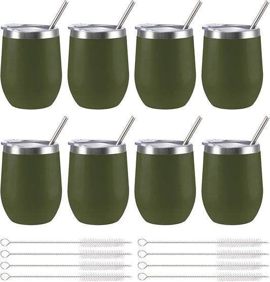 12 oz Insulated Wine Tumbler with Lid and Straw,Stainless Steel Stemless Wine Tumbler Glasses Double Wall Vacuum Wine Cups Tumbler Bulk for Champaign,Cocktail,Office(Navy Green,8)