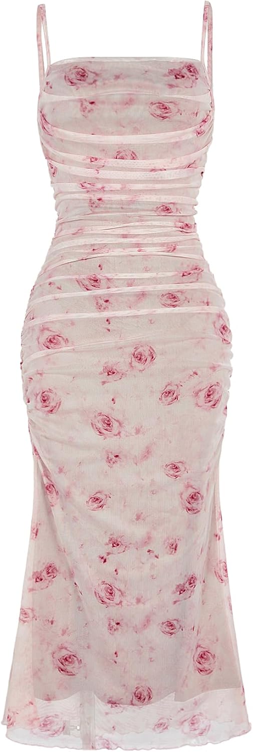 GORGLITTER Women's Floral Ruched Bodycon Midi Dress Mesh Sleeveless Fishtail Cami Dresses
