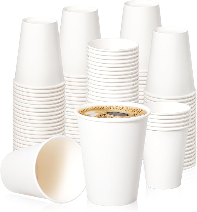 Fit Meal Prep 100 Pack 12 oz Disposable Paper Coffee Cups, Premium Hot Cups for Hot/Cold Beverage, Durable Thickened White Paper Cup Bulk for Party, Office, Bussines, Cafes, Bistros, Daily Use