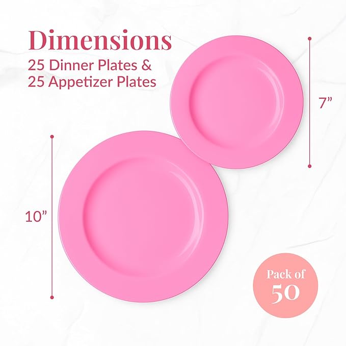 Prestee 50-pc Pink Plastic Plates - 25 Plastic Dinner Plate (10") + 25 Salad Small Plate (7") - Disposable Plate, Tea Party, Pink Party, Easter, Baby Shower Plates