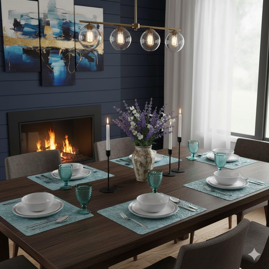 17" × 12" Faux Leather Placemats Set of 6, Ice Blue, Washable, Wipeable & Heat-Resistant Table Mats, Waterproof & Anti-Slip Dining Place Mats with Shallow Embossed Texture for Kitchen & Dining