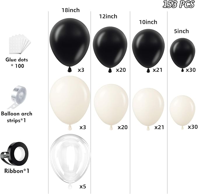 153Pcs Black and Sand White Balloons Garland Arch Kit - 18 12 10 5 inch Different Size Black Cream White Confetti Balloons for Birthday Wedding Bridal Shower Anniversary Prom Party Decorations