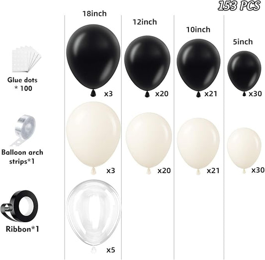 153Pcs Black and Sand White Balloons Garland Arch Kit - 18 12 10 5 inch Different Size Black Cream White Confetti Balloons for Birthday Wedding Bridal Shower Anniversary Prom Party Decorations