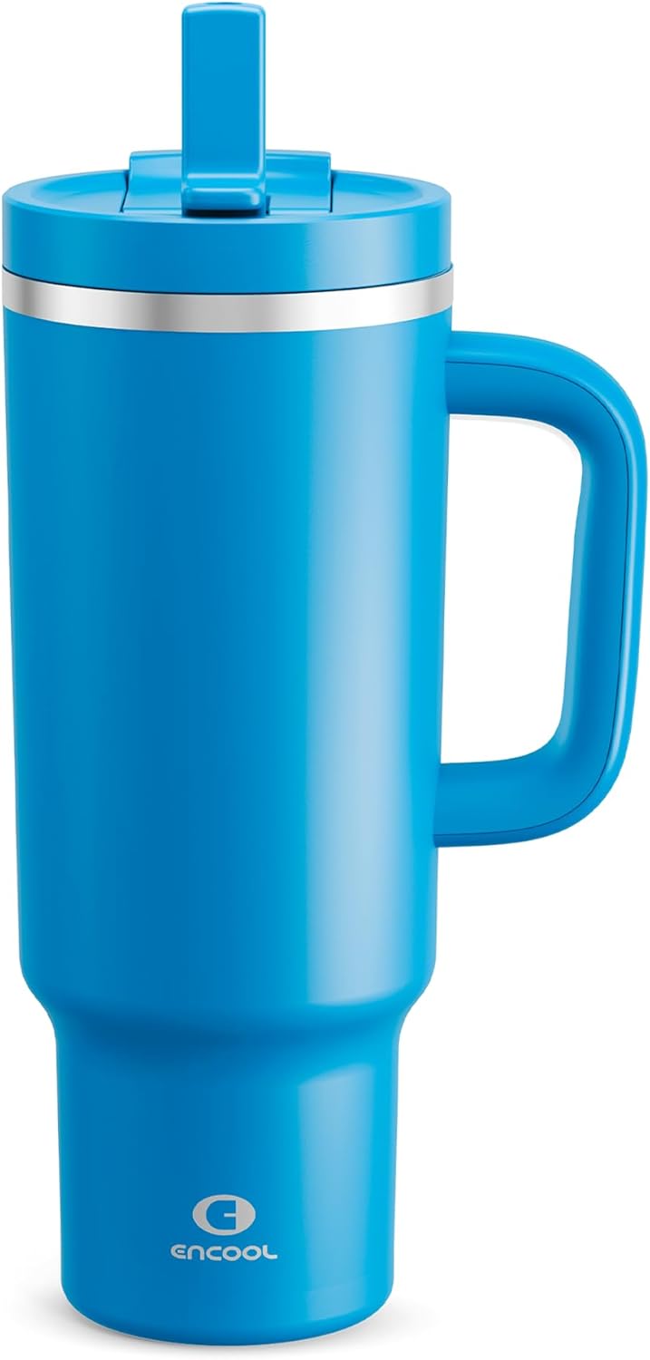 40 oz Tumbler with Handle and Straw: Stainless Steel Insulated Tumbler Keeps Cold for 24 Hours, Leakproof Travel Cup Fits in Cup Holder and BPA-Free,Celtic Blue