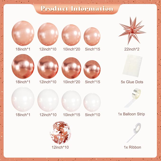 Rose Gold Balloon Garland Kit, 140Pcs Pearl Metallic Pink and White Confetti Balloons With Stars for Birthday Mothers Day Birdal Shower Wedding Sweet 16 Graduation Party Decorations