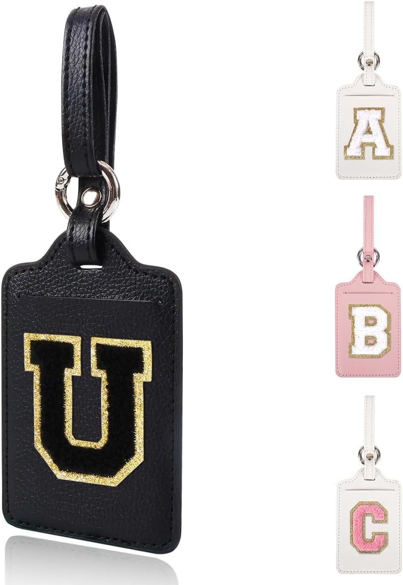 Personalized Initial Luggage Tags for Suitcases, Leather Chenille Letter Cute Luggage Tags with Privacy Name Card, Embroidered Travel Bag Backpack Tags Gifts for Women Kids Girls Teens(Black-U)