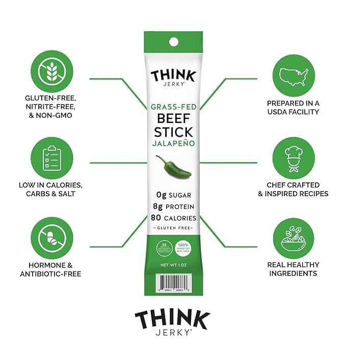 Think Jerky Jalapeno Beef Sticks, Gluten and Sugar Free, No Nitrates, Keto Paleo Friendly High Protein Low Carb Meat Snack - 1.0 oz Sticks, 20 Pack
