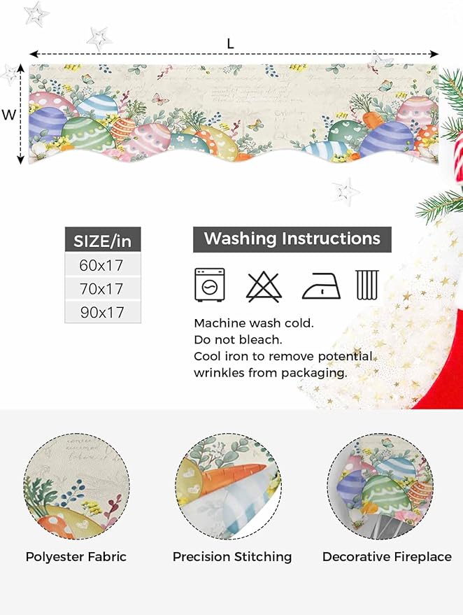 Easter Eggs Fireplace Mantel Scarf Table Runner, Farmhouse Spring Botanicals Plants Butterfly Winter Garland Mantel Top Tablerunners Dresser Scarves Cover for Windows Party Living Room 90''x17''
