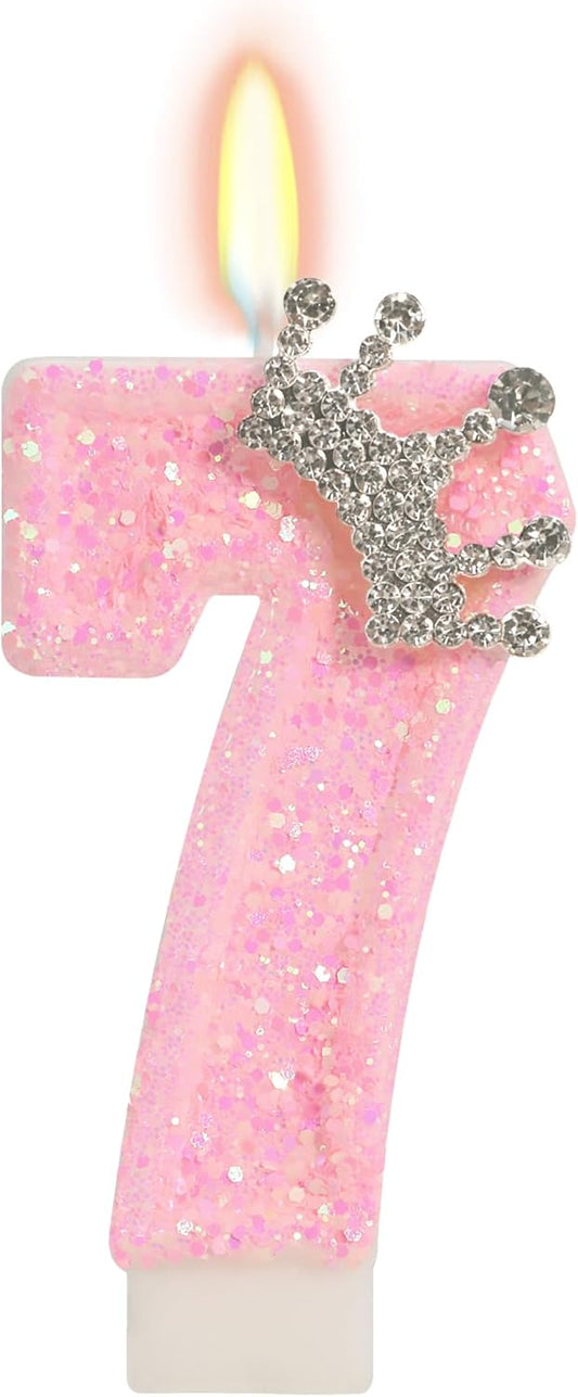 Birthday Candle for Cake, Crown Pink Number Candles, 2.76 inch Cake Topper Decoration for Birthday Party (Number 7)