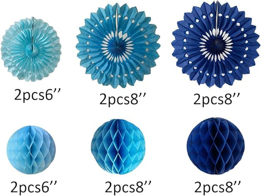 12pcs 6’’ 8’’ Honeycomb Balls Tissue Paper Fans Party Honeycomb Ball Fans Wall Decorations Tissue Pom Poms Flower Balls Hanging Paper Fans for Party Baby Shower Birthday Wedding Nursery(Blue kit)