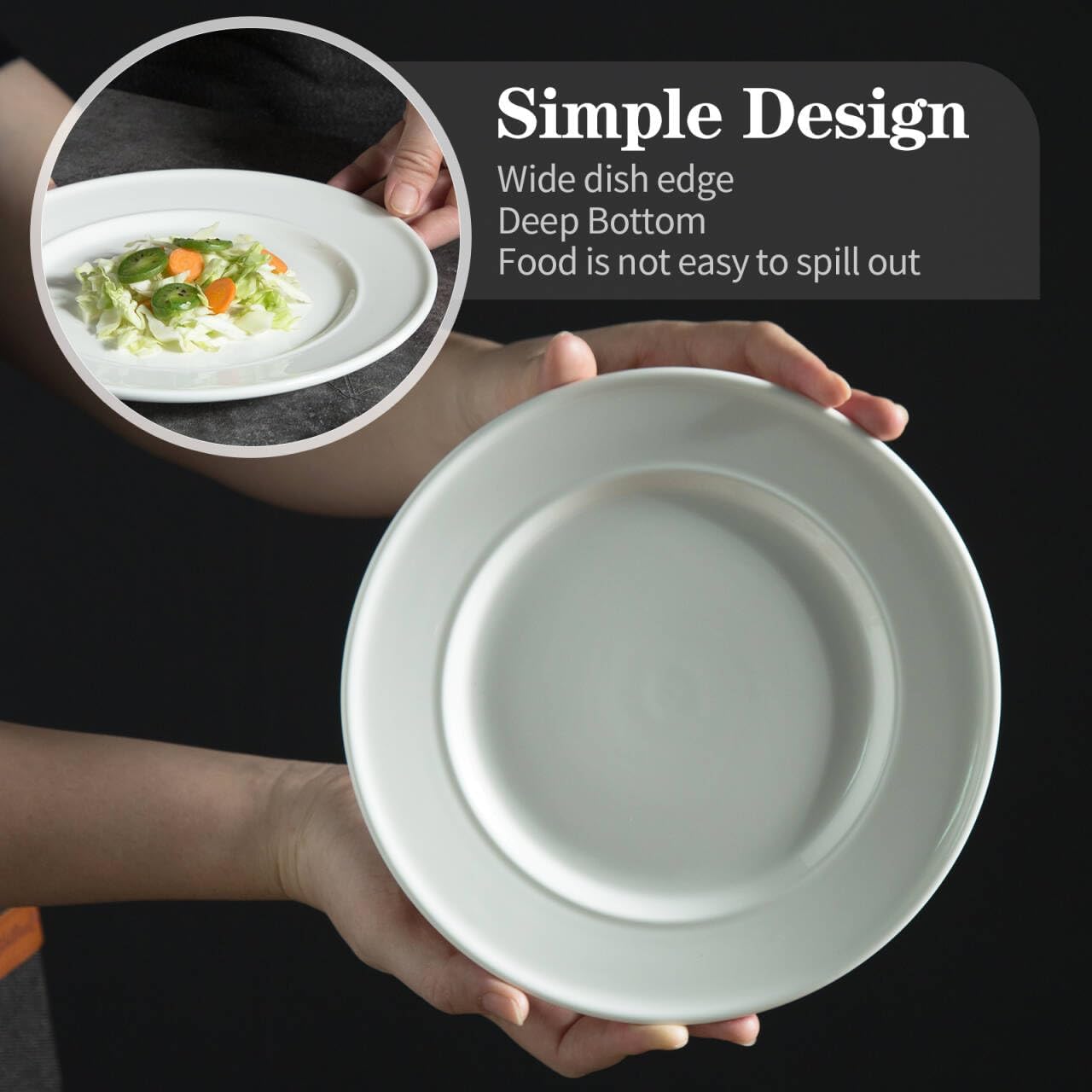 TAMAYKIM 10 Pieces 8 Inch Porcelain Salad Plates, Wide Rim Appetizer Dessert Plates, Round Dinnerware Sets, Scratch Resistant, Microwave, Oven, and Dishwasher Safe, White