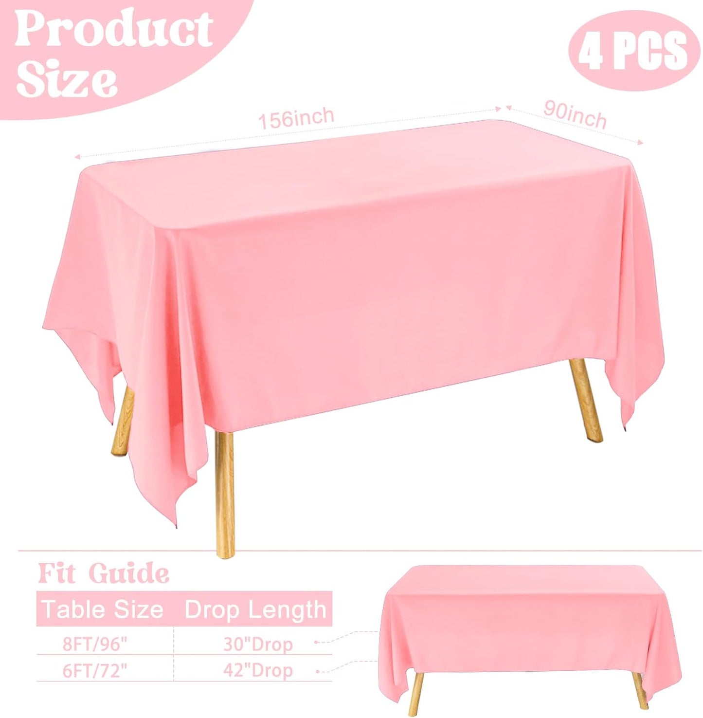 4 Pack Rectangle Tablecloth 90x156 Inch Washable Polyester Table Cover for Wedding Dining Table Buffet Parties Banquet Decoration（Pink）