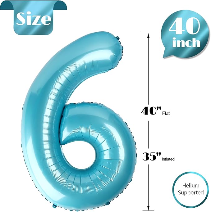 Pearlescent Blue 6 Balloon, Number Balloons 40 Inch, 6th Balloons for Birthday Decorations, Pearlescent Blue Party Supplies 6 Birthday Balloon, Number 6 Balloon