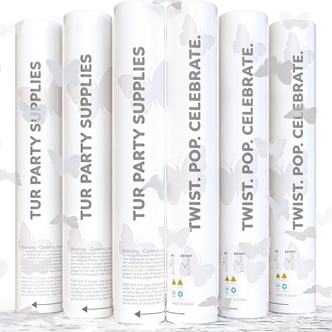 White Biodegradable Butterfly Confetti Poppers Confetti Cannon | 6 Pack | Party Poppers Decoration for Wedding, Graduation, Birthday | Wedding Supplies Party Favors | 12 inch | TUR Party Supplies