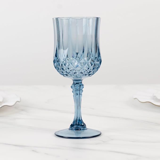 Efavormart 6-Pack Plastic Wine Glasses 8oz, Dusty Blue - Crystal Cut Shatterproof Cocktail Goblets Drinking Glasses