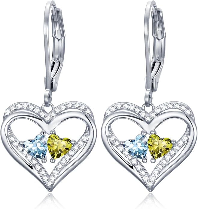Valentines Day Gifts for Women, Heart Leverback Earrings Double Birthstone Dangle Earrings for Women, Love Jewelry for Her, Anniversary Birthday Gift for Mom Wife Girlfriend