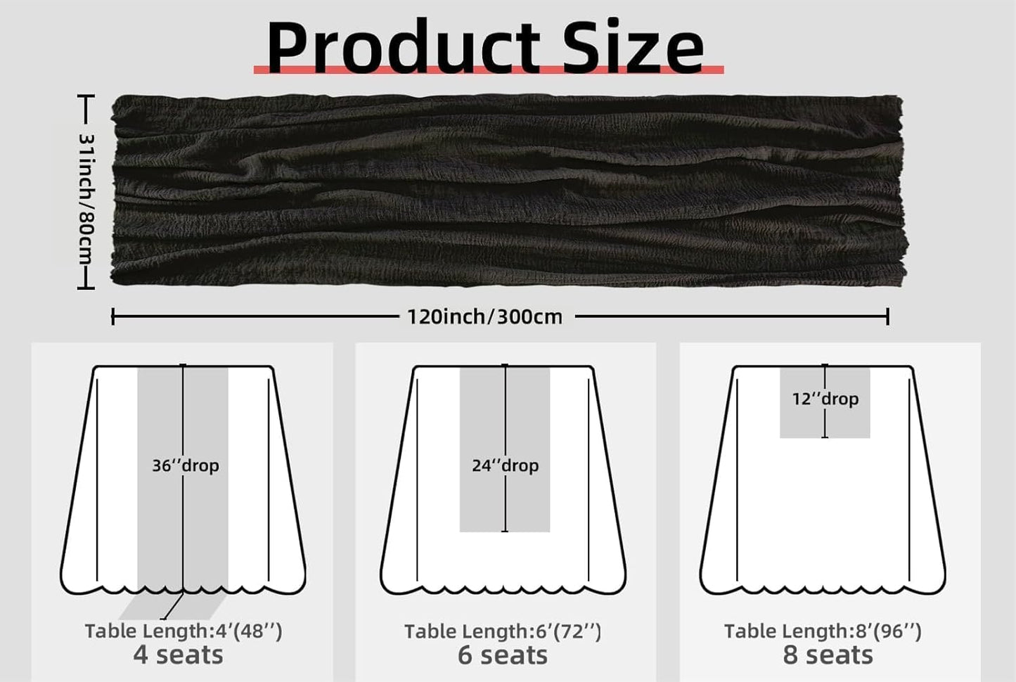 FEXIA Black Table Runner Cheesecloth 30x118 Inches Halloween Table Decor Rustic Boho Gauze for Wedding Baby Shower Bridal Shower First Communion and Home Decorations