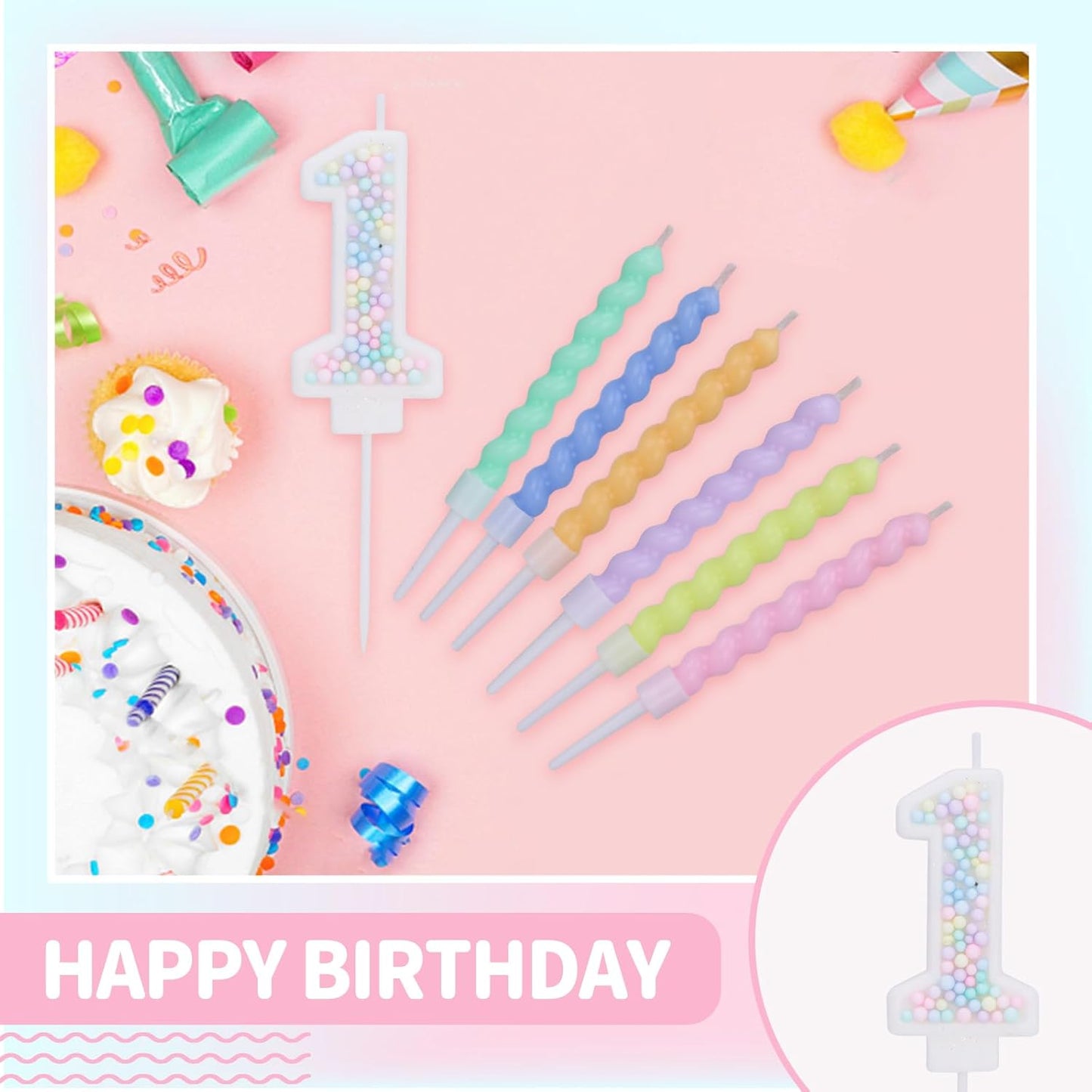 Number 1 Birthday Candles for Cake with 12 Pieces Spiral Candles with Macaron Pastel Rainbow Pink Cake Toppers for Girls Happy Birthday Party Decorations