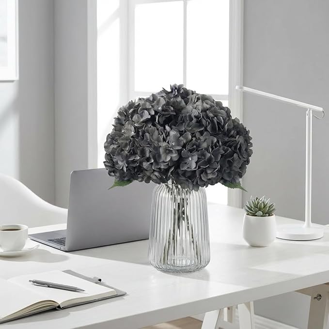 2Bouquets Artificial Fake Flowers Plants Silk Hydrangea Arrangements Wedding Bouquets Decorations Plastic Floral Home Kitchen Garden Party Festival Bar DIY (Gray,5 Flower Heads)