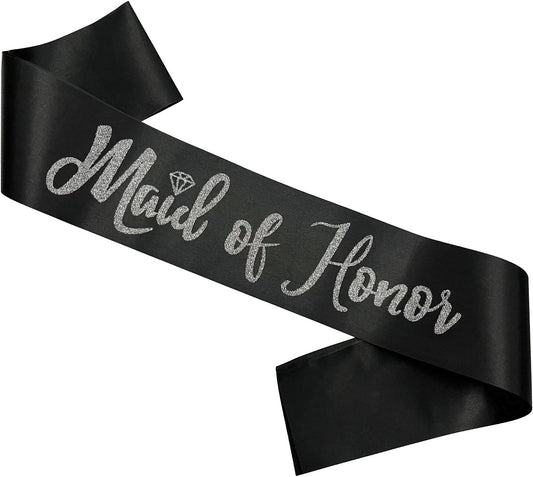 Maid of Honor Sash, Black Sash with Silver Glitter Letter Bachelorette Party Sash for Bridal Shower Wedding Party Accessories Supplies Engagement Gifts