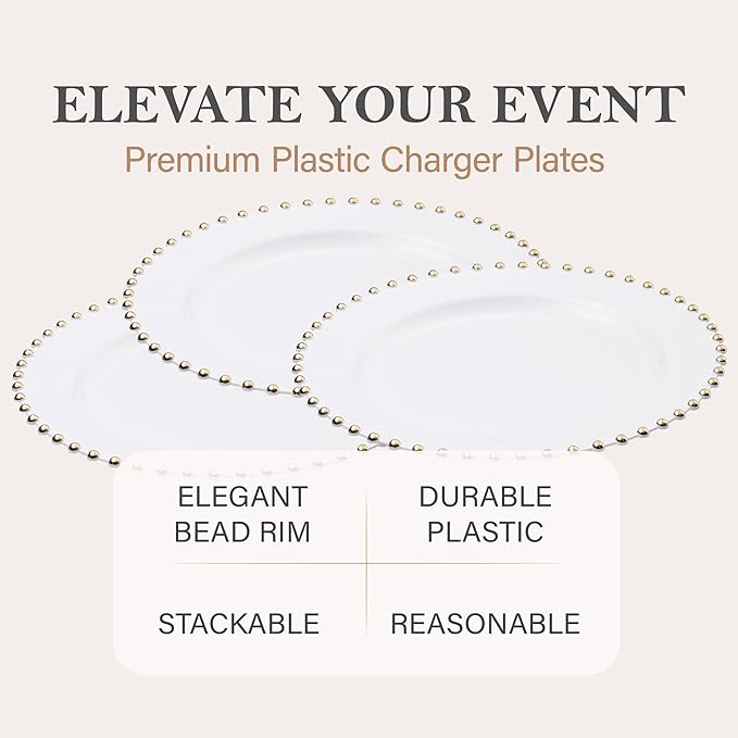 PLASTICPRO White with Gold Rim Plastic Charger Plates with Beaded Edge – Pack of 8 – 13" Elegant Round Disposable Chargers for Weddings, Events, Parties, and Dinners