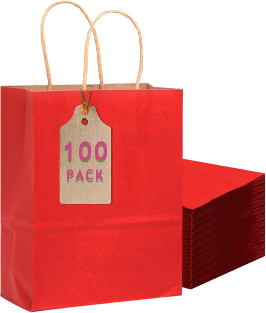 qiqee 100PCS Gift Bag with Handles Bulk Wine Red Paper Bags Multiple Uses (11"x5"x8" Medium Size)