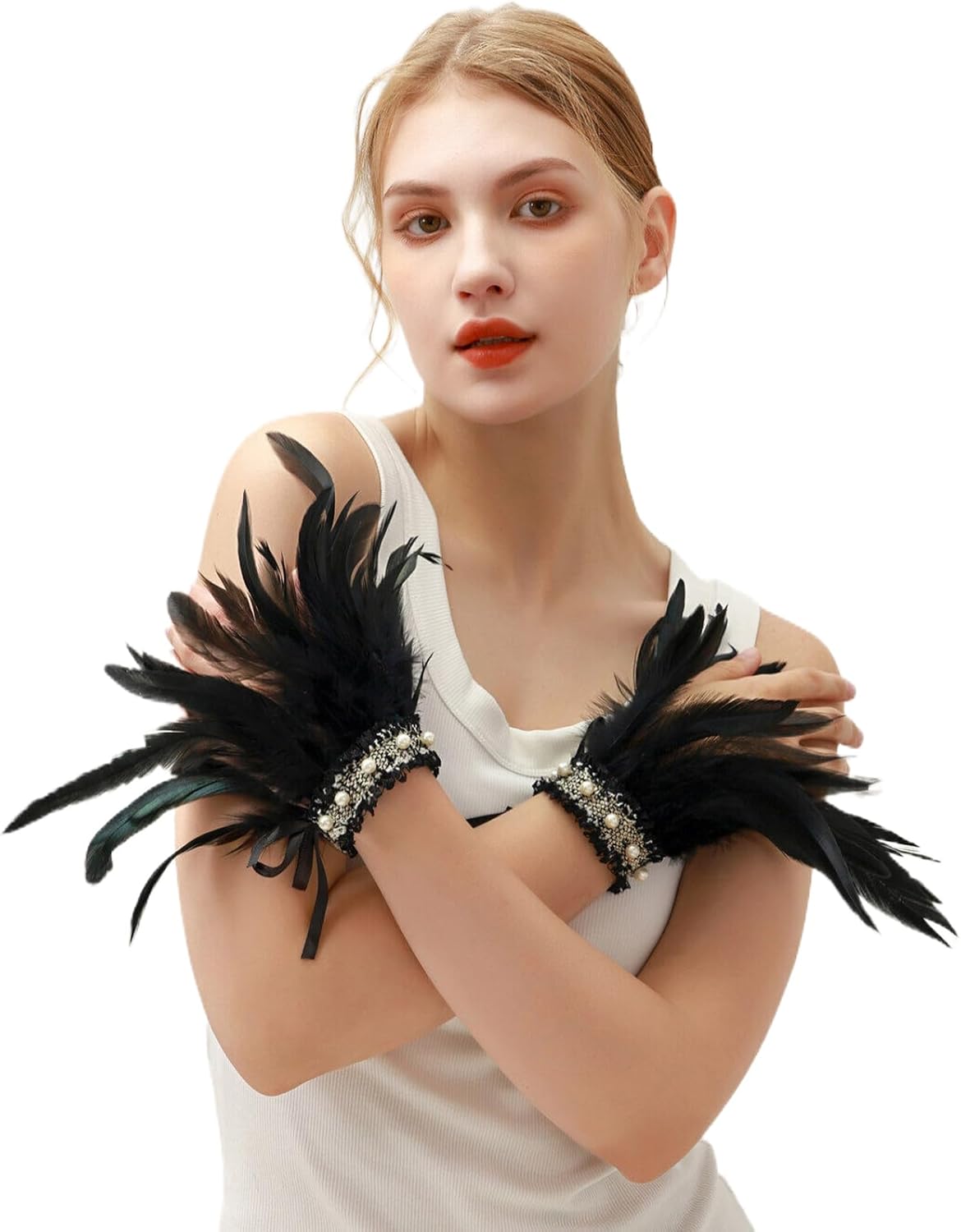 Gothic Black Feather Shawl Lace Wrist Cuffs Wing Costume for Carnival,Halloween,Cosplay Party Accessories