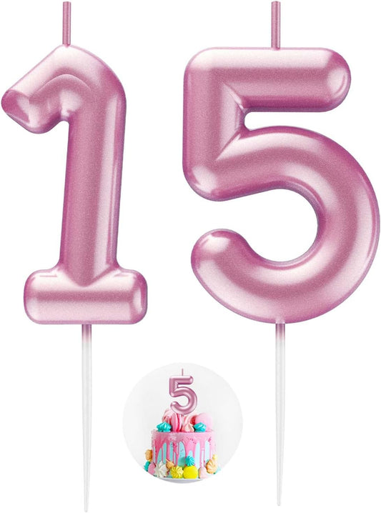 Pink Number 15 Candle Happy Birthday 3D Number Candles for Birthday Cake Party Decoration Wedding Anniversary Celebration Supplies