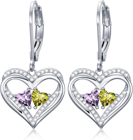 Valentines Day Gifts for Women, Heart Leverback Earrings Double Birthstone Dangle Earrings for Women, Love Jewelry for Her, Anniversary Birthday Gift for Mom Wife Girlfriend