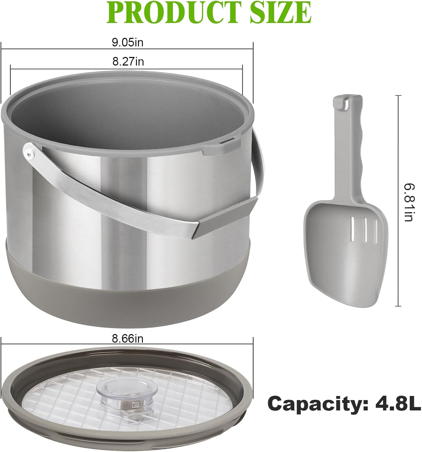 5Quart/4.8L Insulated Ice Bucket with Scoop & Lid, Double-Wall Ice Bucket,Large Party Bucket BPA Free for Cocktail Bar, Champagnes (Gray)