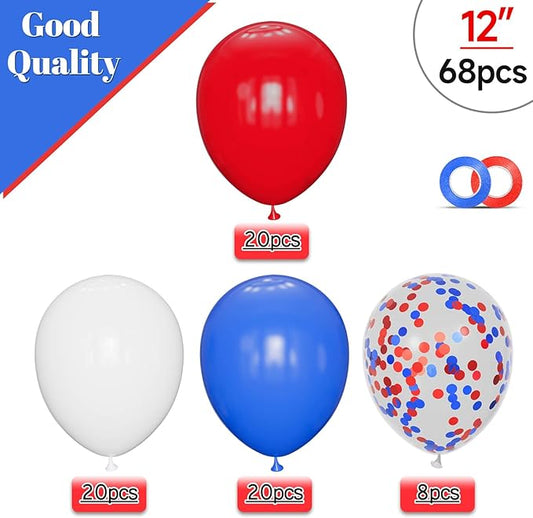Red White Blue Latex Balloons 68 Pack, 12 Inch Patriotic Balloons with Confetti, Party Decorations for 4th of July, Independence Day, Graduation, Birthday, Air Helium Fill.
