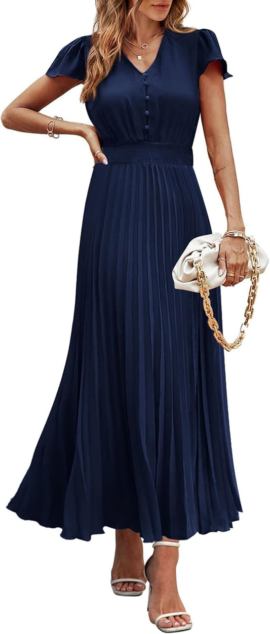 PRETTYGARDEN Women's Maxi Dresses 2025 Summer Trendy Cap Short Sleeve Button V Neck Casual Flowy Pleated Long Dress
