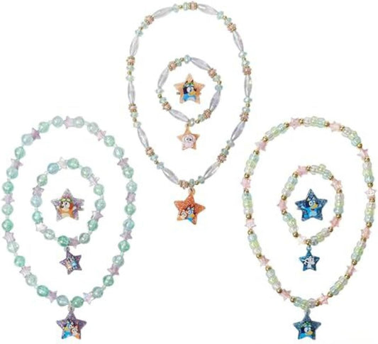 LUV HER Bluey Girl's Jewelry Set - Dress up Toy Jewelry Box Set with Bead Necklace, Bracelet and Ring - Play Accessories - Ages 3+