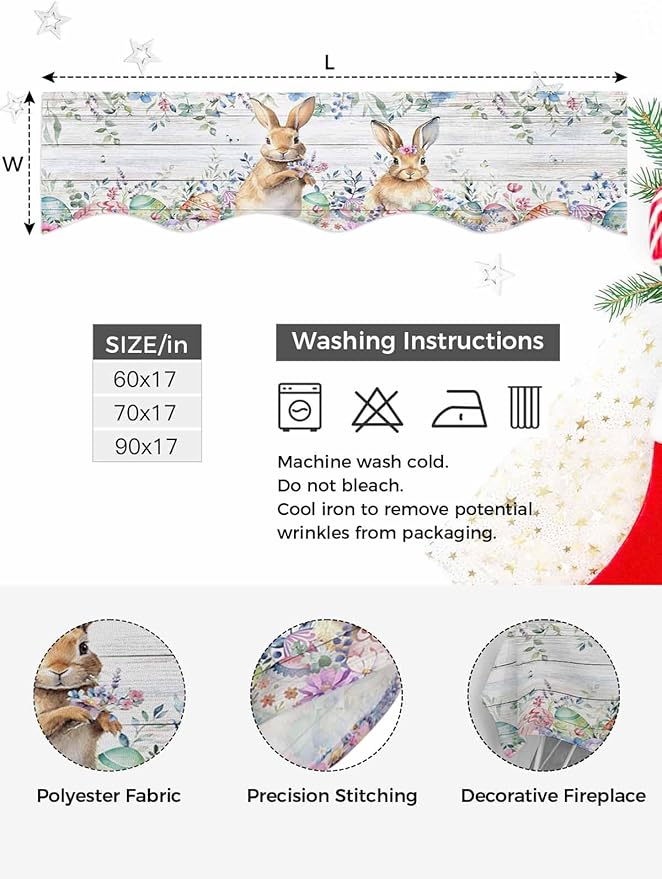Bunny Easter Fireplace Mantel Scarf Table Runner,Spring Floral Eucalyptus Leaves Weeping Wooden Winter Garland Mantel Top Tablerunners Dresser Scarves Cover for Windows Party Living Room 70"x17"